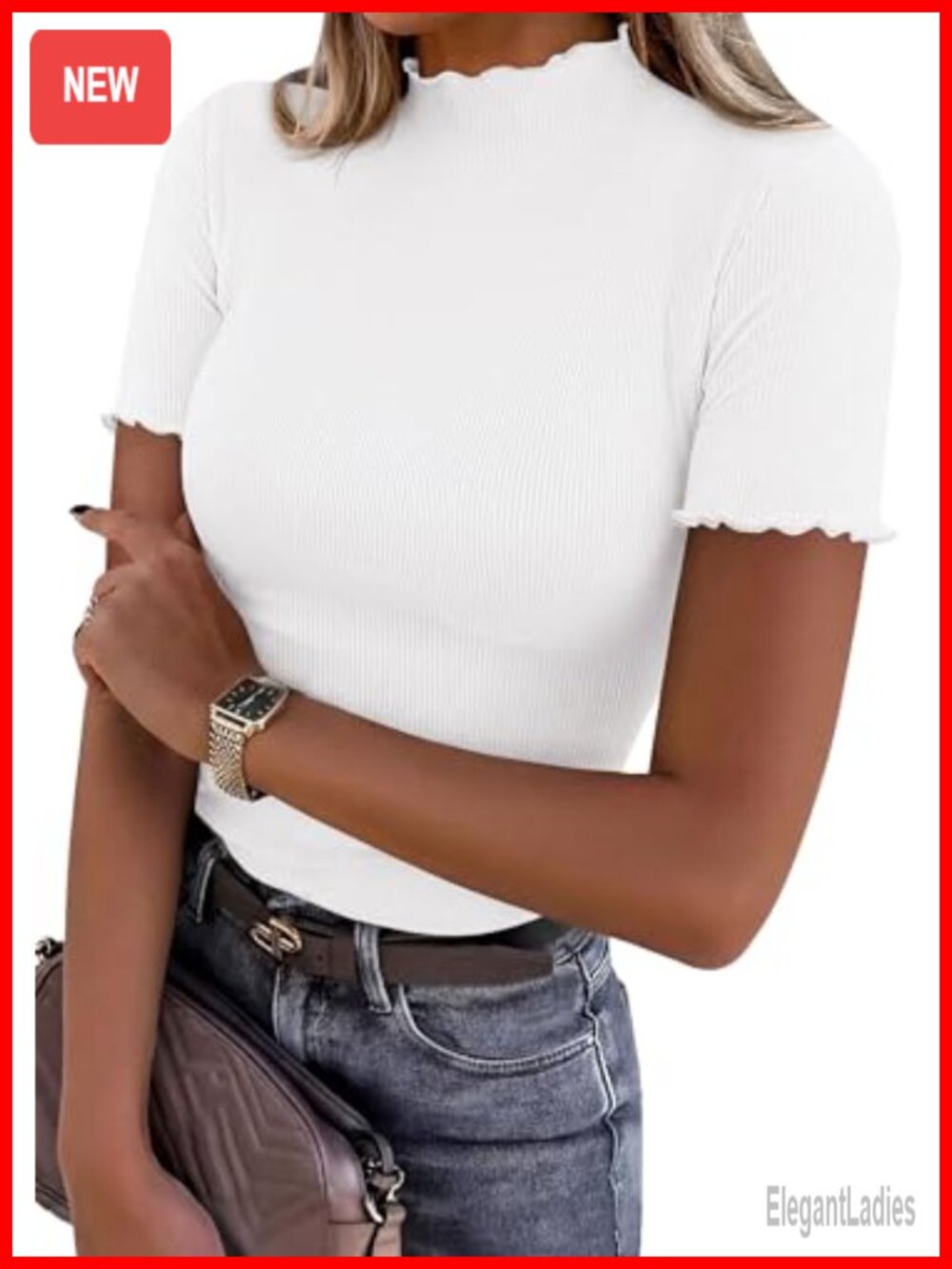 Ribbed Knit Mock Neck Short Sleeve Lettuce Trim Tee Women's Top
